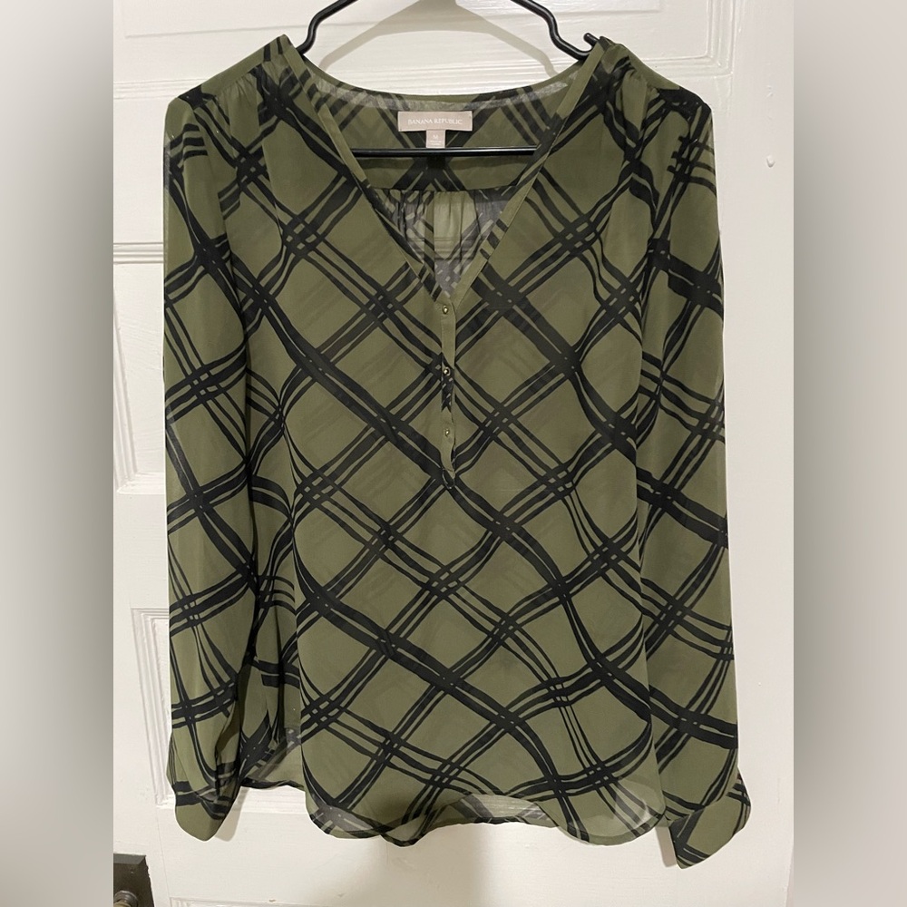 Banana Republic Olive and Black Checkered Blouse, Size medium